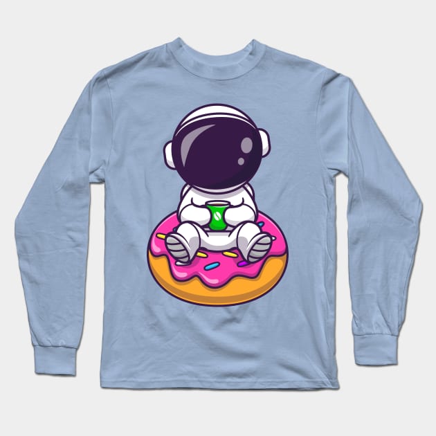 Cute Astronaut With Doughnut And Coffee Cartoon Long Sleeve T-Shirt by Catalyst Labs
